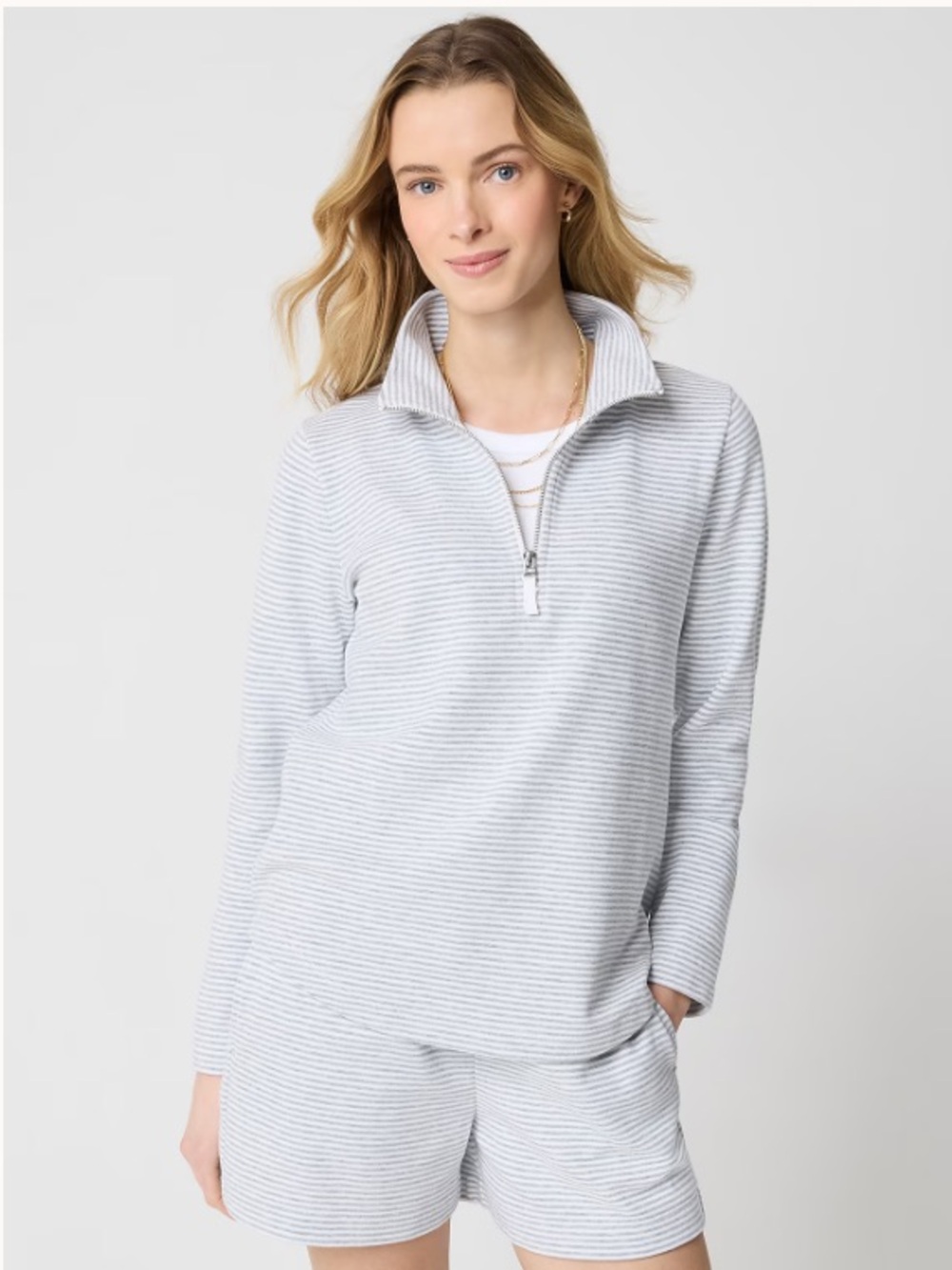J Crew White & Grey Stripped Terry Half Zip Pullover